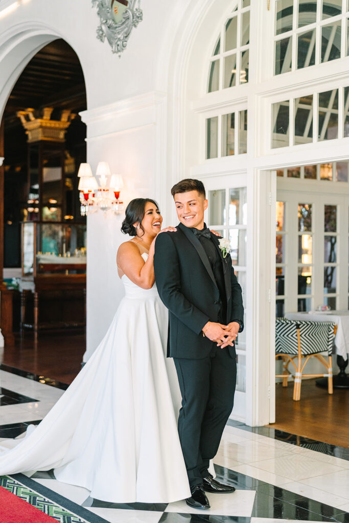 Bride and grooms first looks during their Grand Galvez Galveston wedding