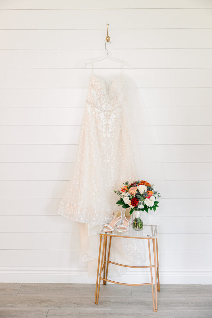 Wedding dress, bouquet, and shoes