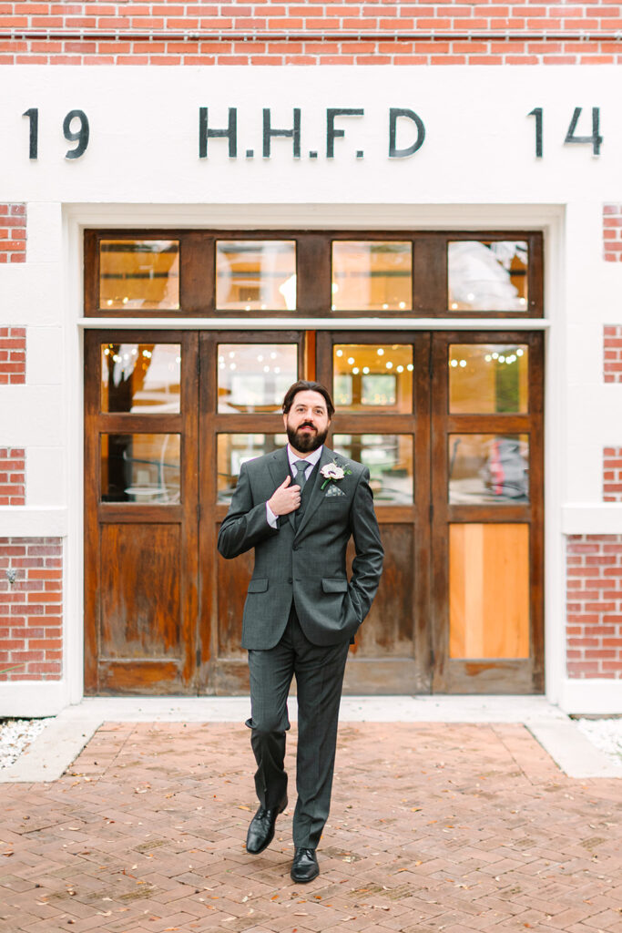 Groom portraits from a vintage inspired Heights Fire Station Houston Wedding