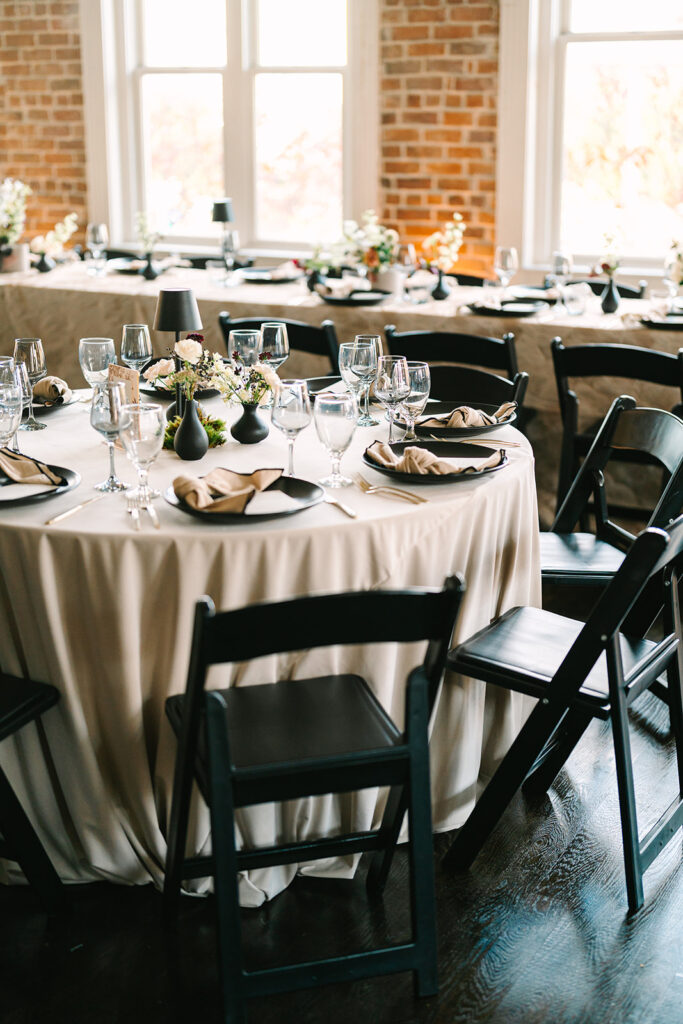 A moody and bold indoor Station 3 Houston wedding reception