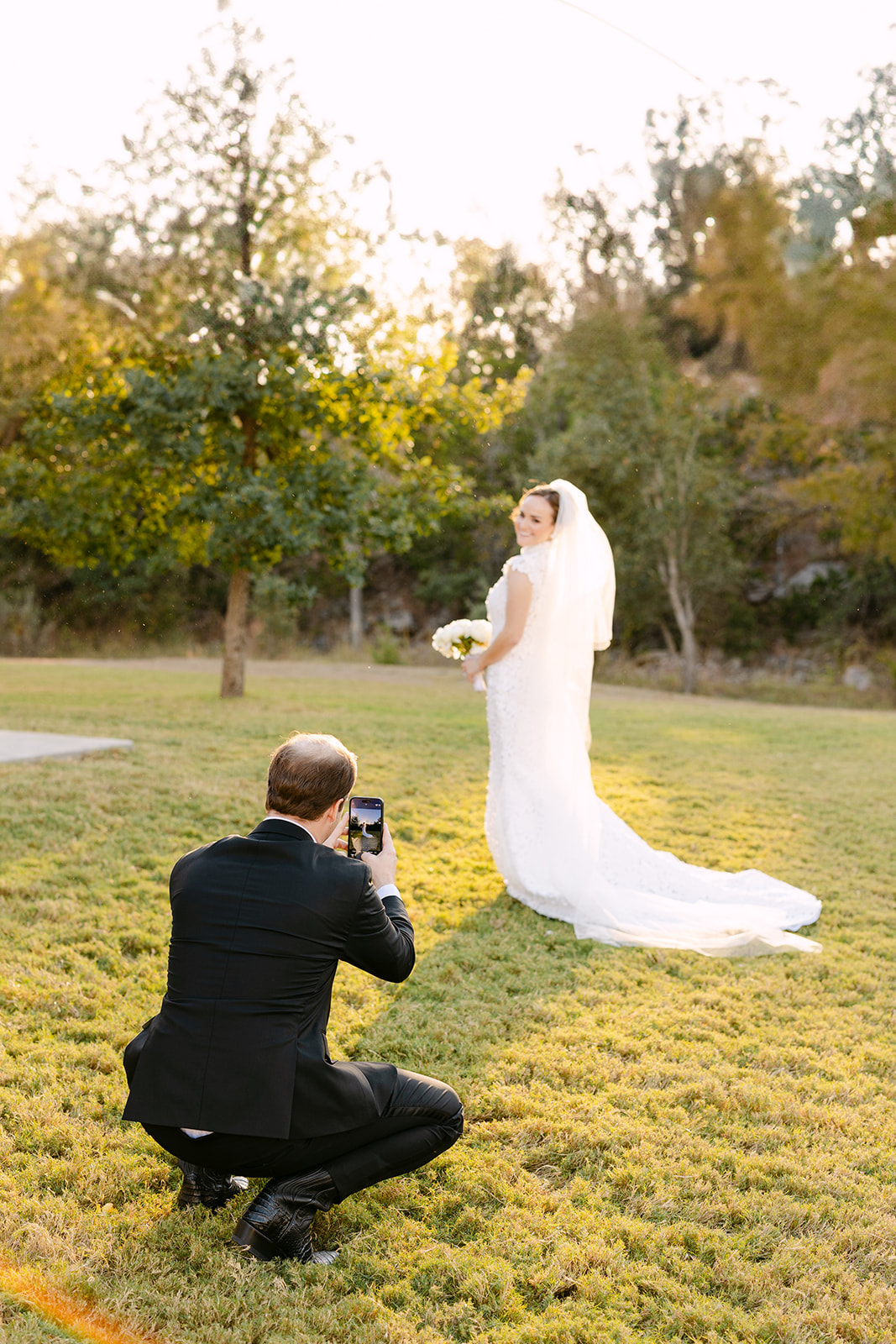 bride and groom take wedding portraits at La Bonne Vie Ranch