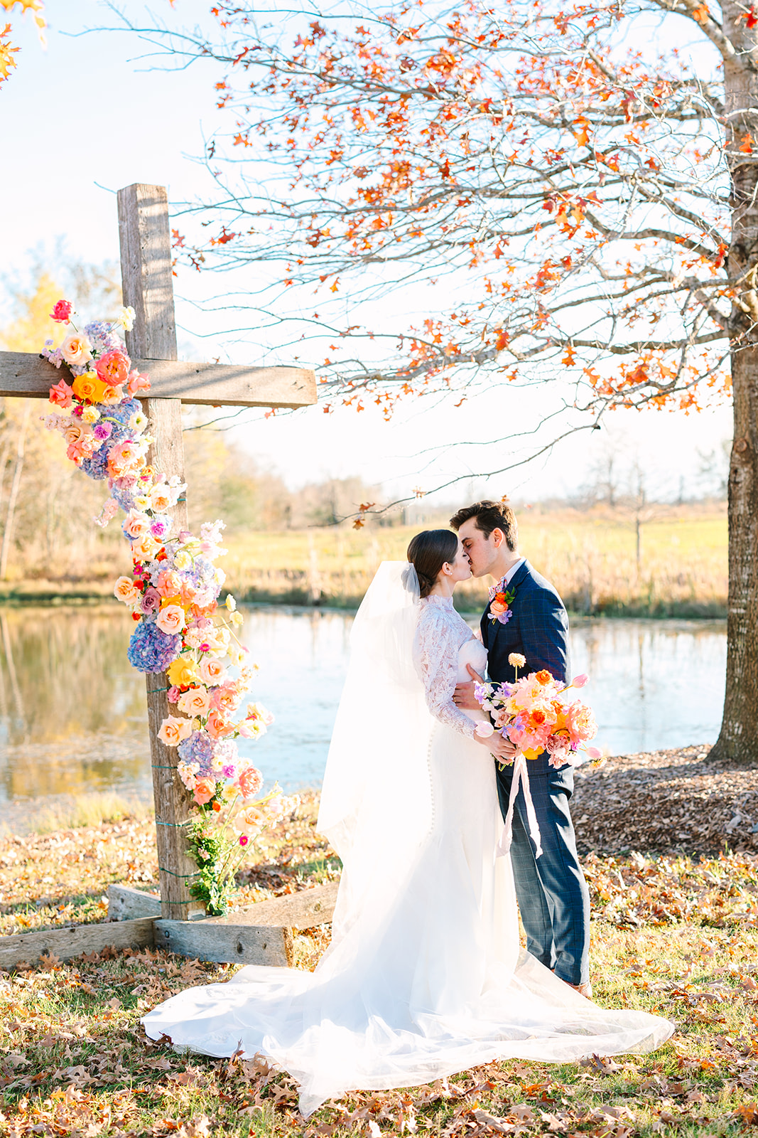 bride and groom take wedding portraits on their wedding day at Beckendorff Farms in Katy, TX