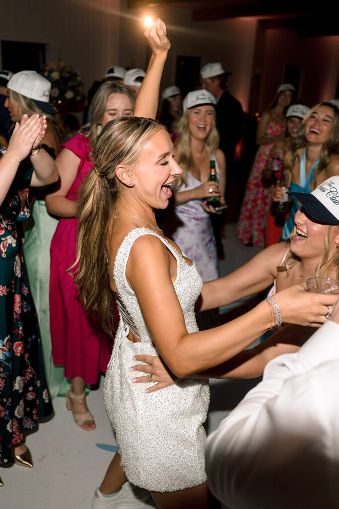 a group of people dance on the dance floor for a wedding celebration