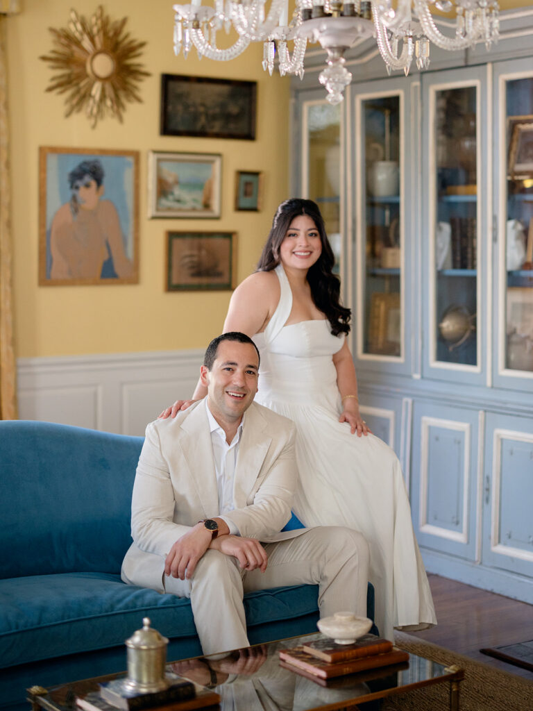 newly engaged couple posing for the camera during their photoshoot