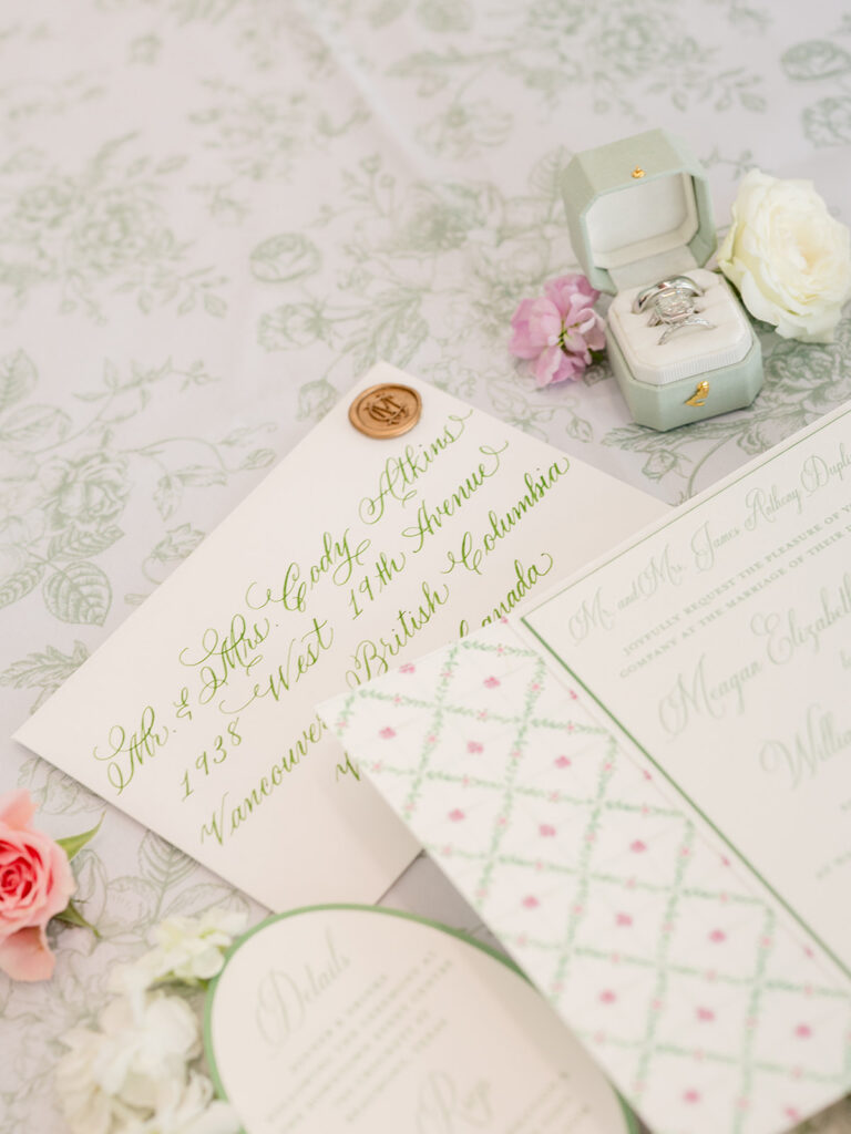 Wedding rings in a mint ring box on the invitation suite