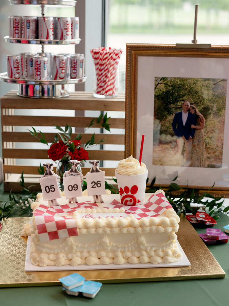 Chicken sandwich themed groom's cake with the wedding date