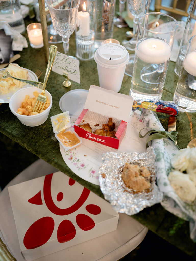Late night chicken sandwich snack at the reception table
